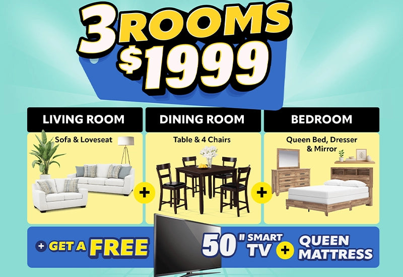 3-Room Complete Home Bundle Bedroom, Living & Dining + Free Marlin Queen Mattress & 50 Smart TV 3-Room Complete Home Bundle Bedroom, Living & Dining + Free Marlin Queen Mattress & 50 Smart TV
