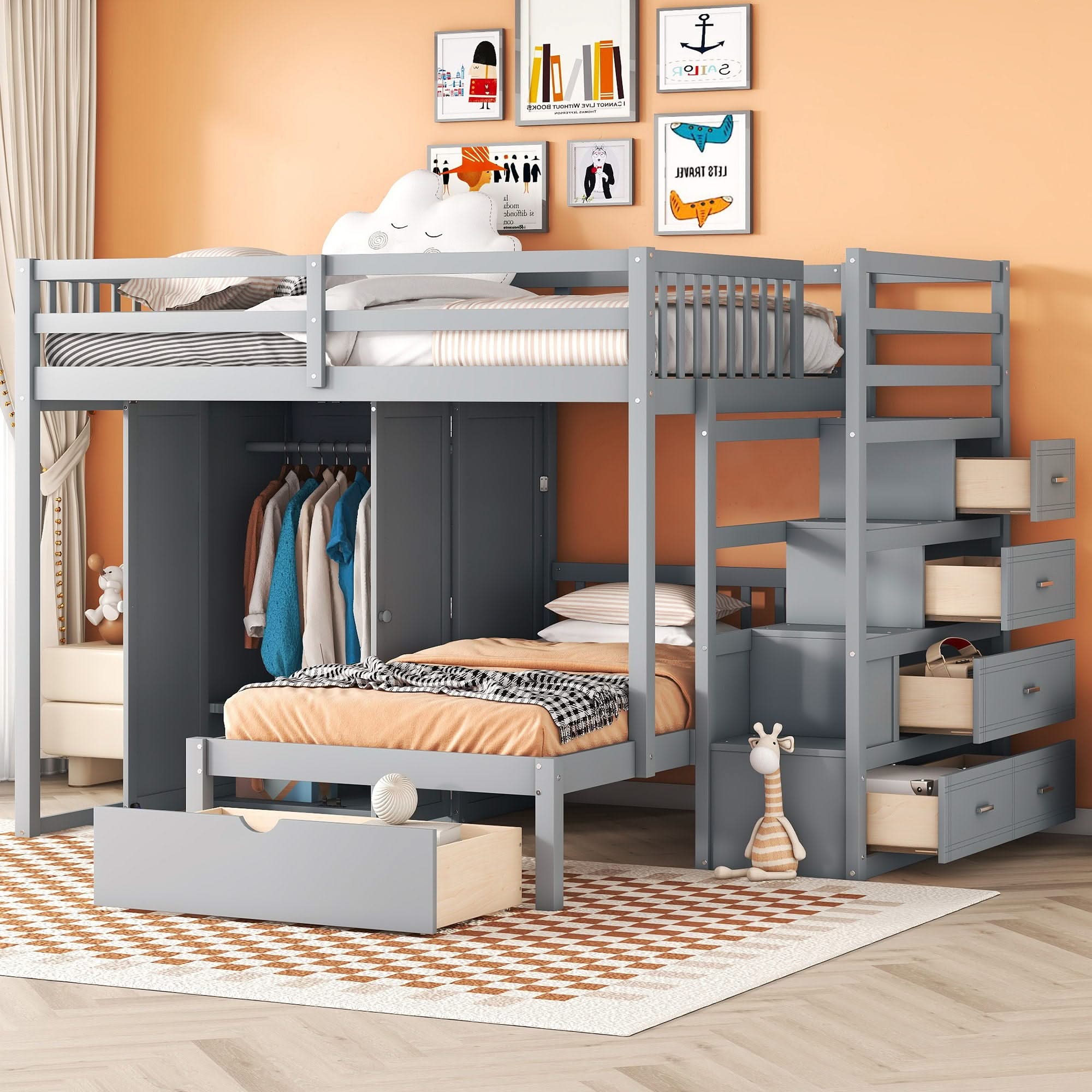bunk bed with dresser Bedz King Tall Twin Over Twin Stairway in Gray 2 Storage Drawers easy climbing Nora Twin-Over-Twin Bunk Stairway Chest