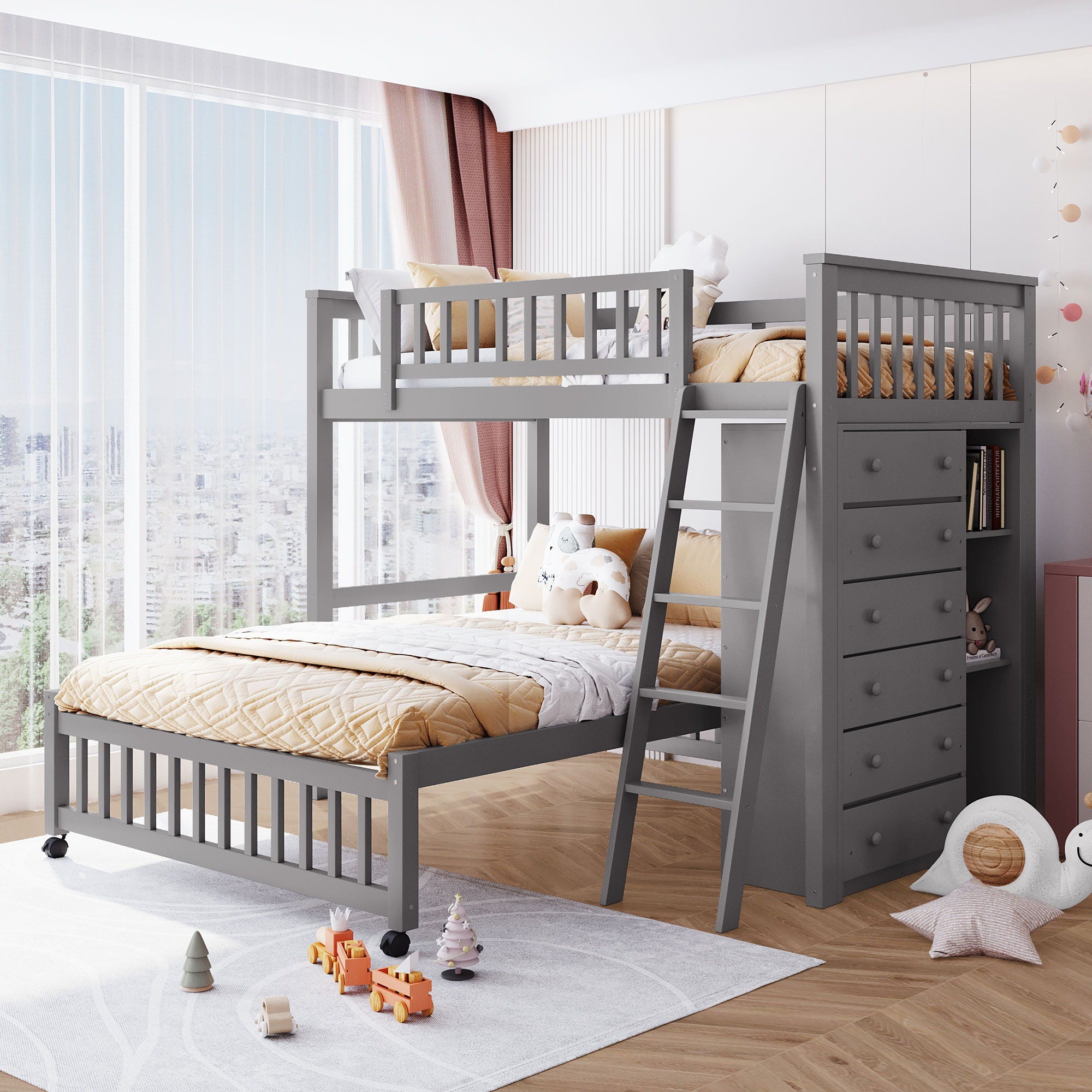 bunk bed with dresser 6 Drawers And Flexible Shelves, Bottom Bed With Wheels Removable Bottom Bed LowStock:43693555417139 Color:Evening Spark Western Wear Women's Country