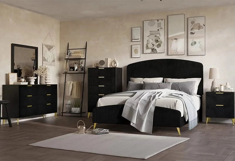 black bedroom dresser set Laurelin (Black) by Homelegance polished metal handles that add a touch of sophistication to its overall look Queen Size Bedroom Groups |