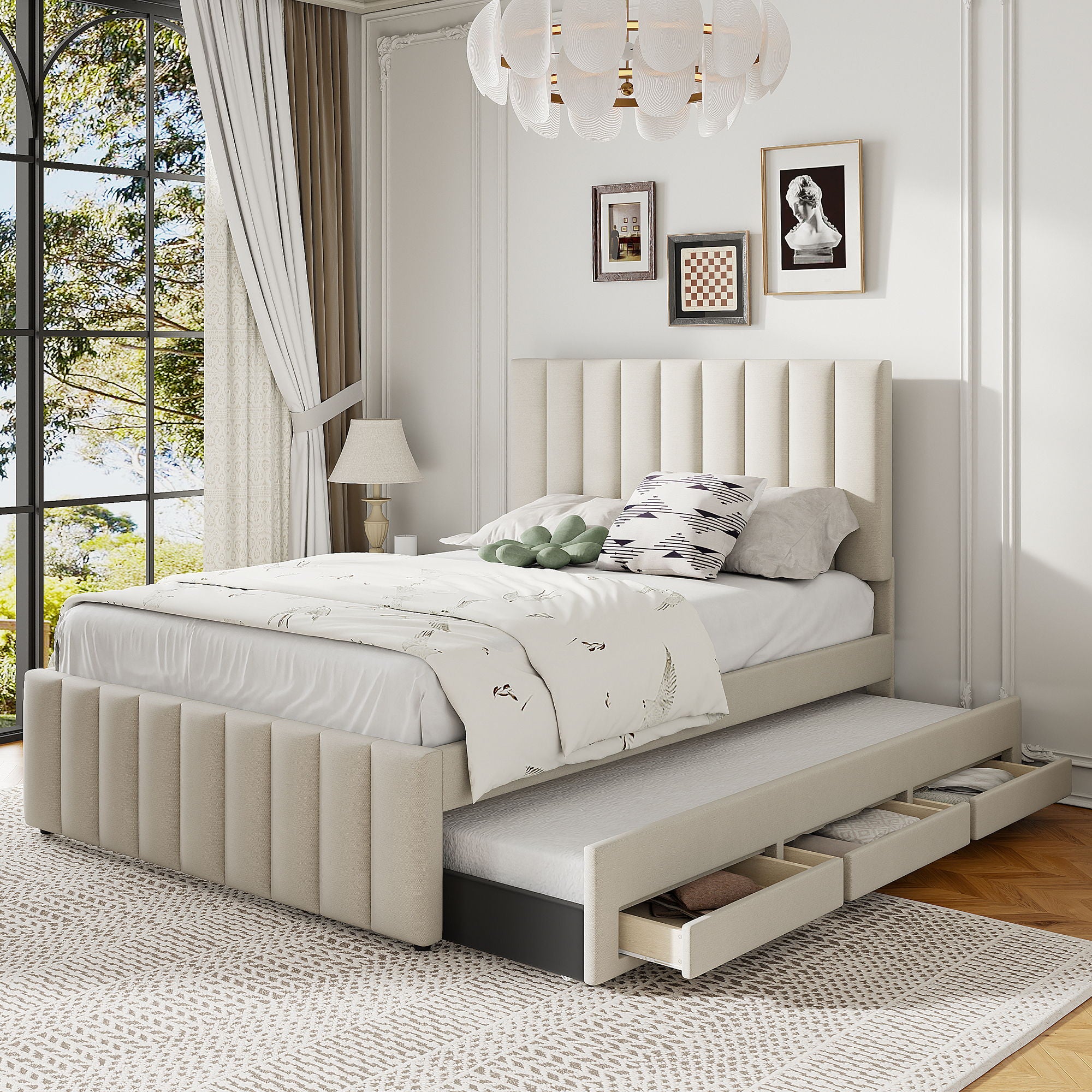 Upholstered Platform Bed With Twin Size Trundle And 3 Drawers - | Free ...