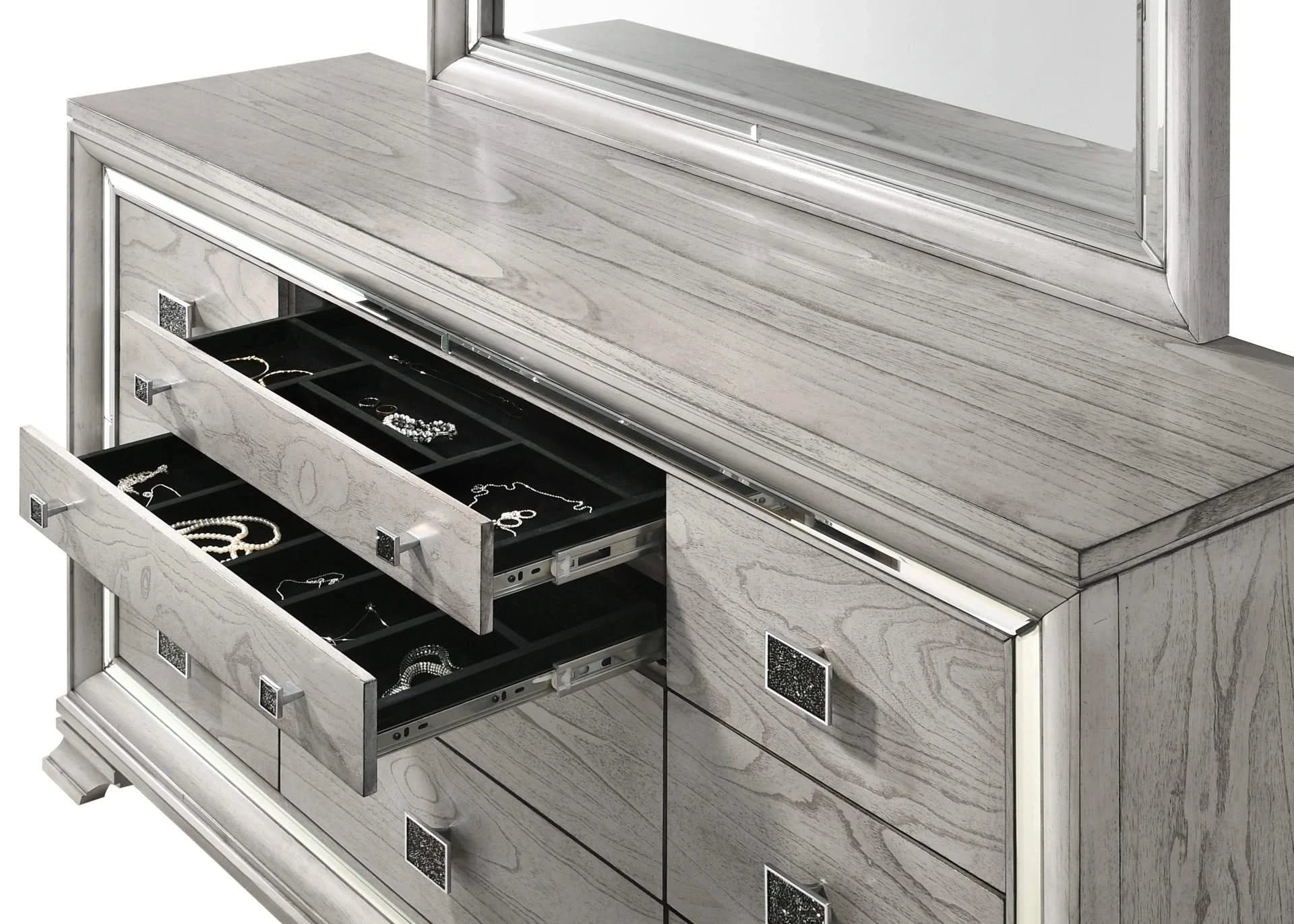 Sky Tower Silver 5pc Bedroom Set with Upholstered LED Headboard