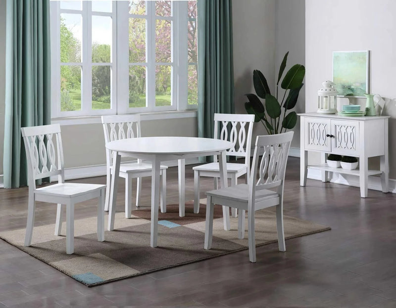Naples Antique White 5-Piece Round Drop-Leaf Dining Set with Ribbon Back Chairs