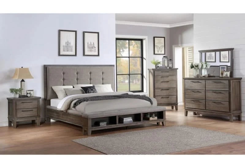 Cagney Gray Modern Rustic Bedroom Set with Storage Bed, Dresser and Mirror