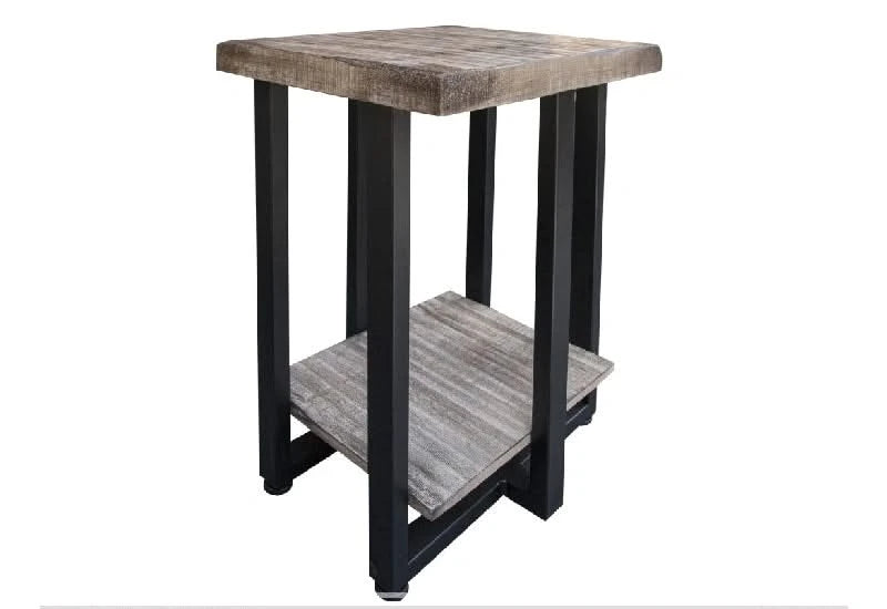 OLD WOOD END TABLE W/IRON BASE