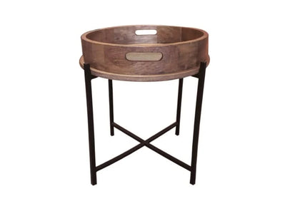 Barrel Top Brown Side Table with Iron Base