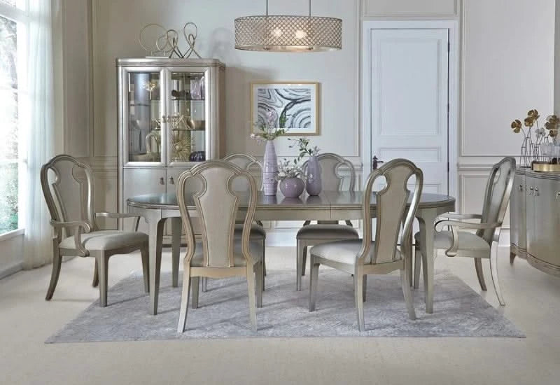 Florence Silver Glam 7 PC Oval Dining Set 6 Upholstered Chairs