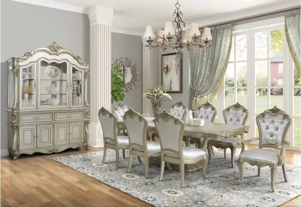 Monique Champagne 7PC Formal Rectangular Dining Set with Ornate Carved Design