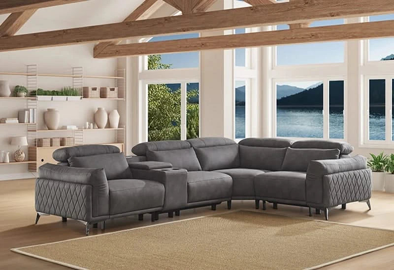 Horizon Gray Contemporary Power Reclining 5 PC Sectional with Storage Console, Hi-Def Speakers with Sub Woofers