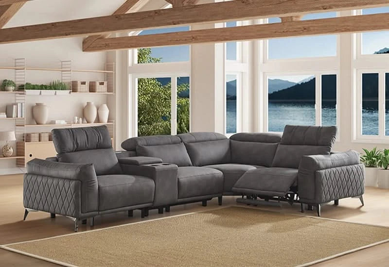 Horizon Gray Contemporary Power Reclining 5 PC Sectional with Storage Console, Hi-Def Speakers with Sub Woofers