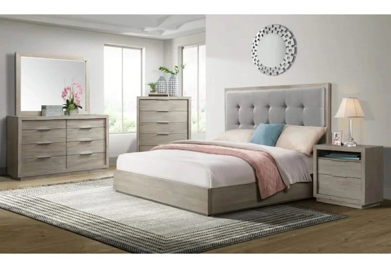 Arcadia Wooden Contemporary 5PC Bedroom Set with Bed (Headboard, Footboard, and Rails), Dresser and Mirror