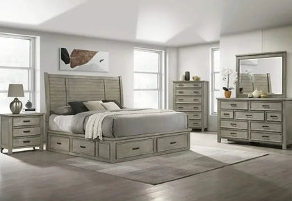 Sullivan Gray Modern Rustic Farmhouse 5PC Storage Bedroom Set with Bed, Dresser and Mirror