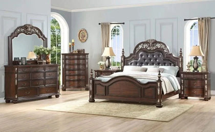 Leonel Brown Traditional Wood 5 PC Bedroom Set Includes Queen Bed (Headboard, Footboard, and Rails), Dresser and Mirror