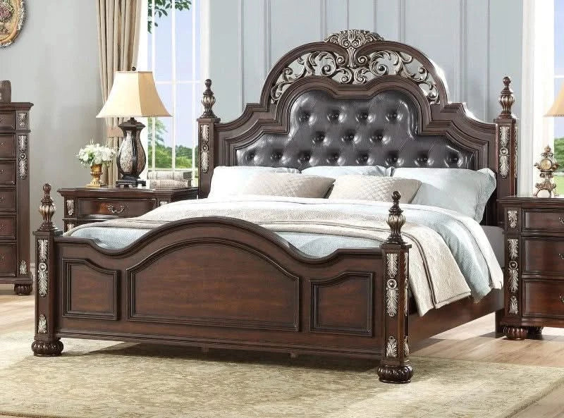 Leonel Brown Traditional Wood 5 PC Bedroom Set Includes Queen Bed (Headboard, Footboard, and Rails), Dresser and Mirror