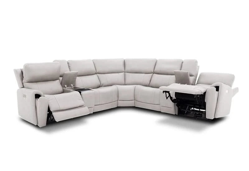 Sorento Dove Gray Leather Triple Power Reclining Sectional with One Storage Console