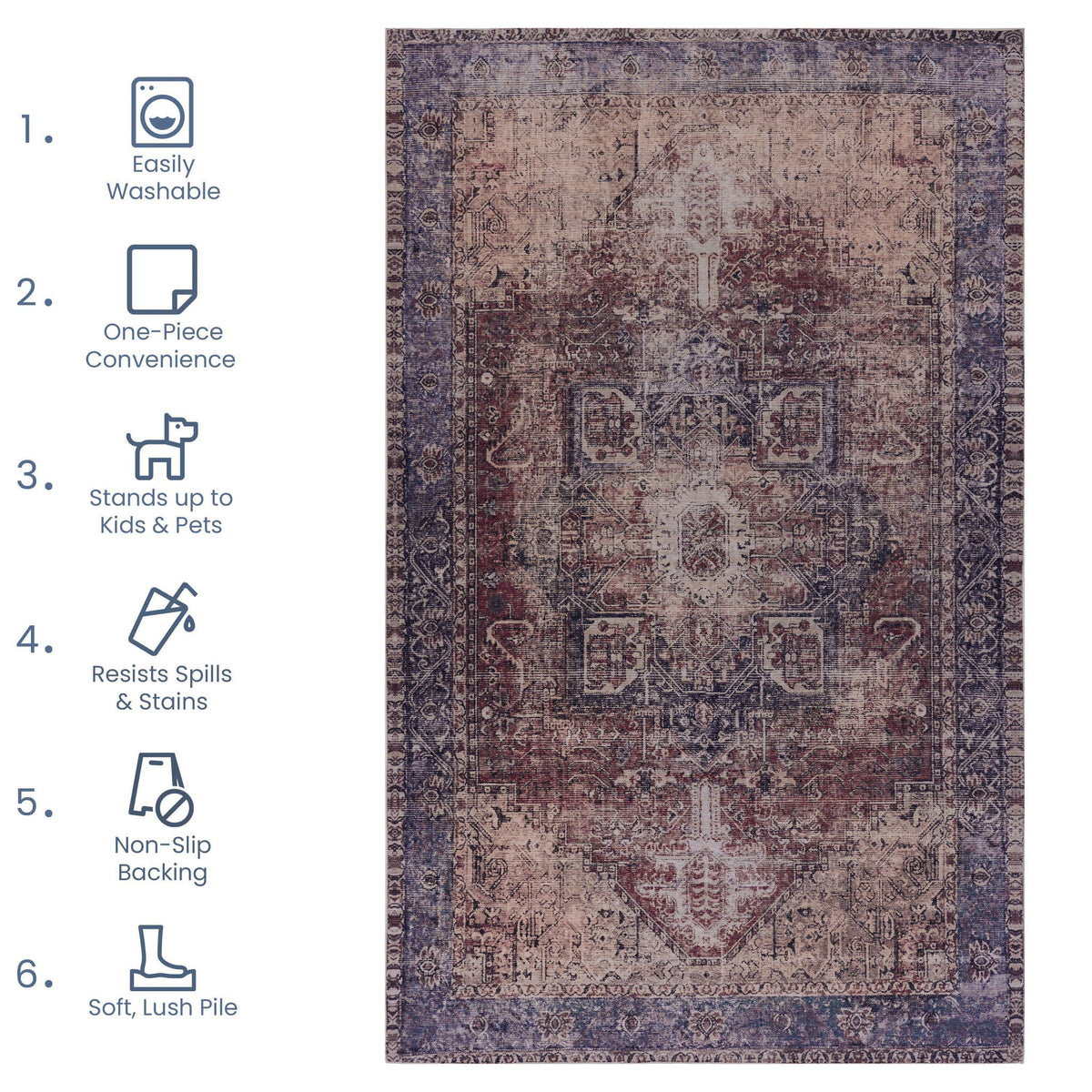 Maval - 6' X 9' Washable Area Rug - Burgundy