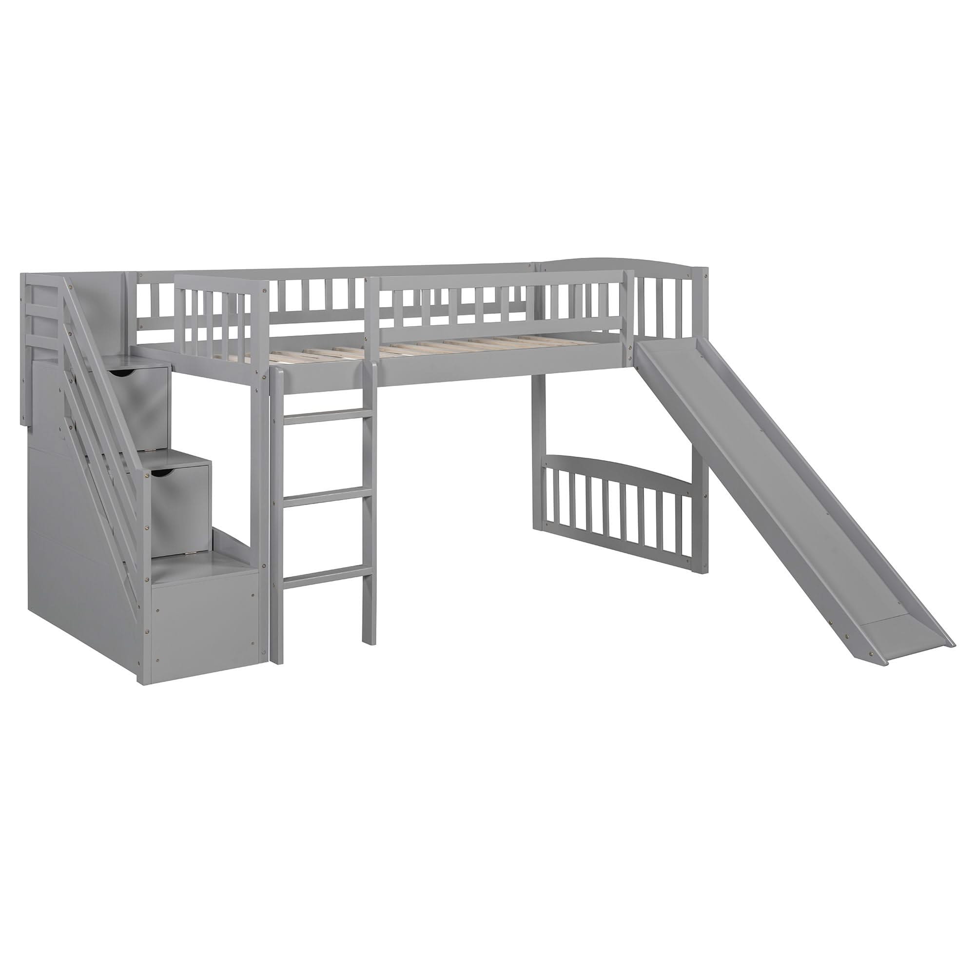 Loft Stairway Bed With 2 Drawers, Convertible Ladder And Slide