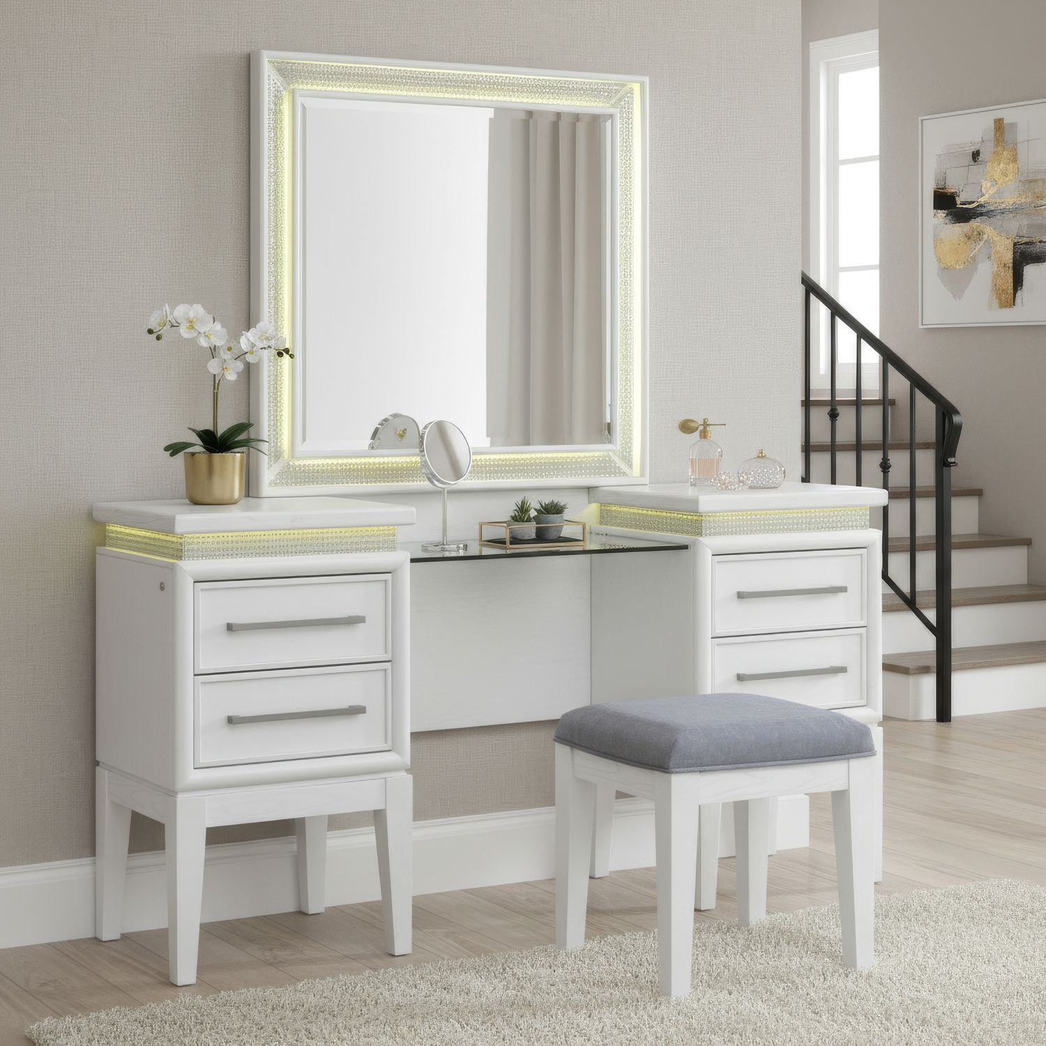 Reflections - 3 Piece Vanity Set - Pearl White & Rhinestone