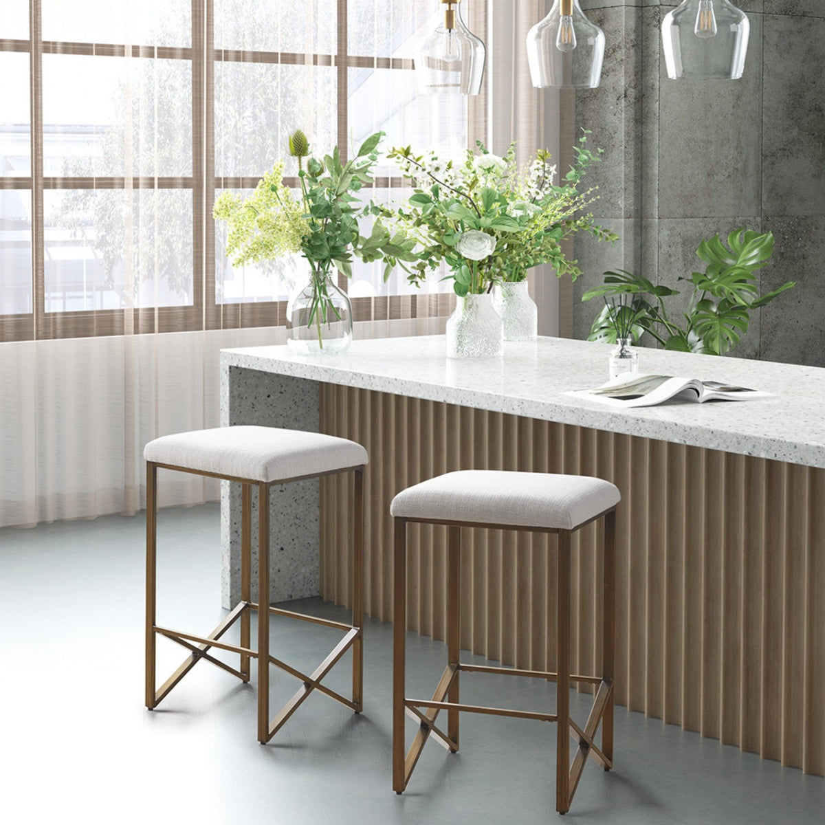 Backless Upholstered Counter Stool With Padded Seat - Ivory / Bronze