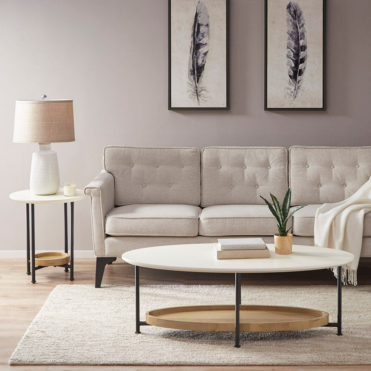 Oval End Table - White / Natural