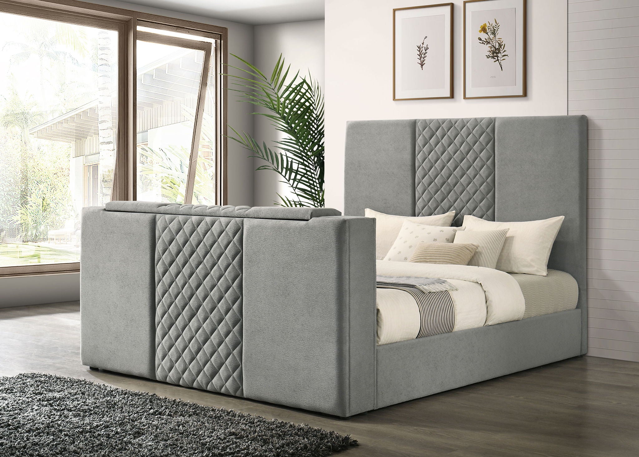 Tara 61-inch Upholstered Eastern King Panel TV Bed Grey