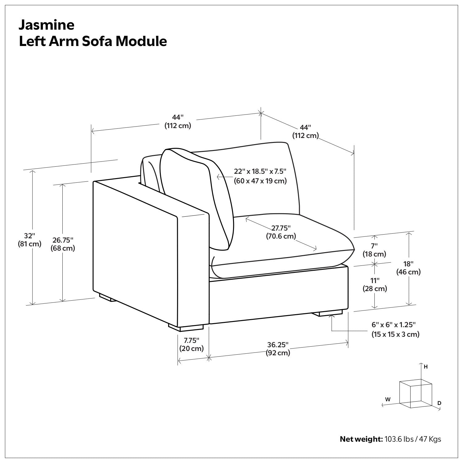 Jasmine - Left Arm Sofa Module - Gray