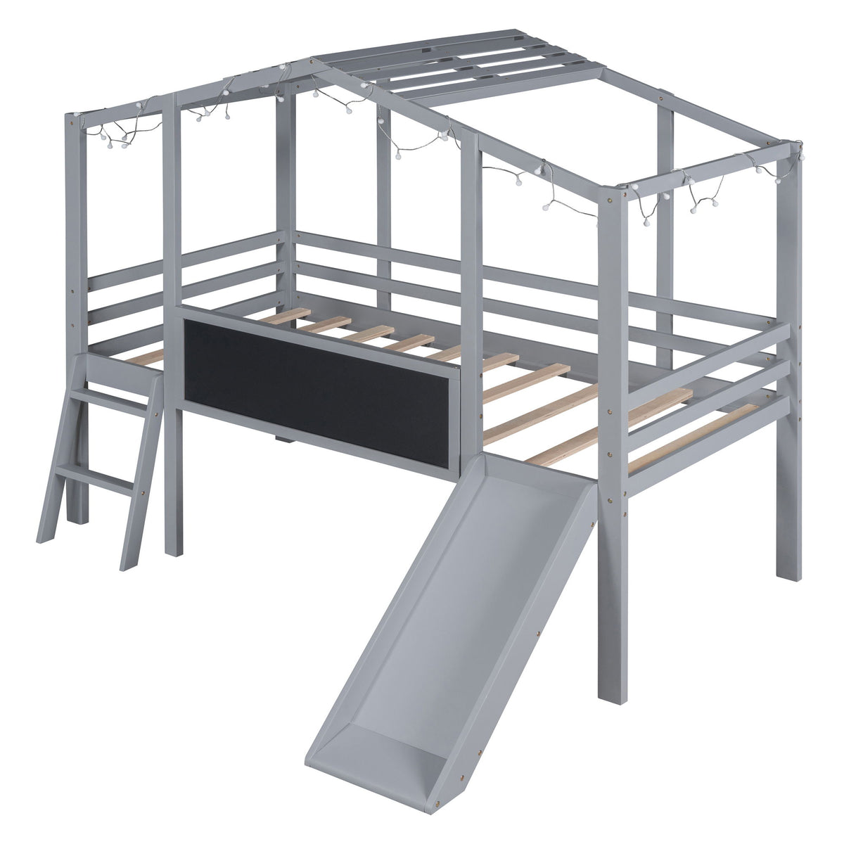 Loft House Bed With Ladder And Slide, With board And Light Strip On The Roof