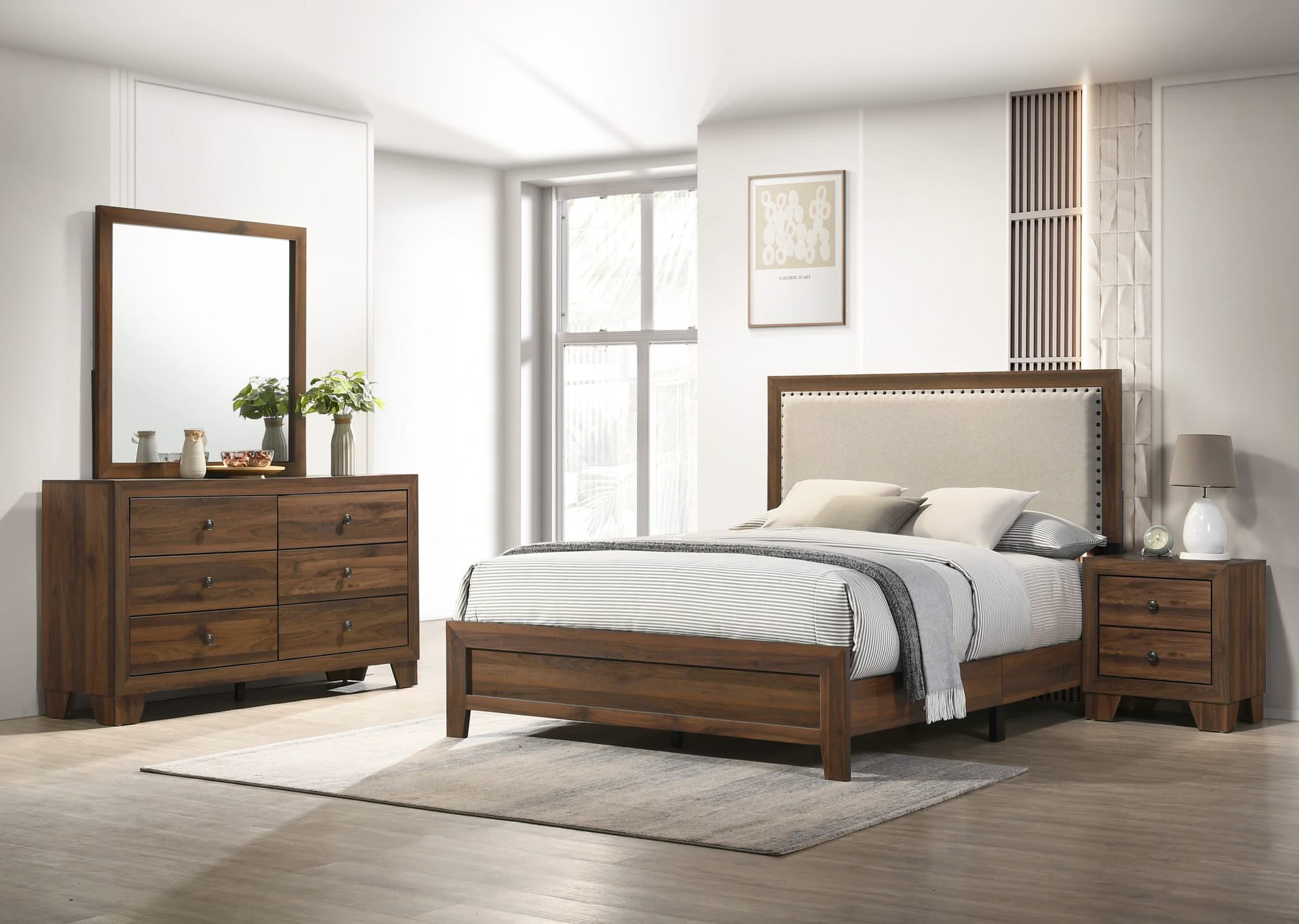 Millie - Queen 4 Piece Upholstered Bedroom Set - Brown Cherry