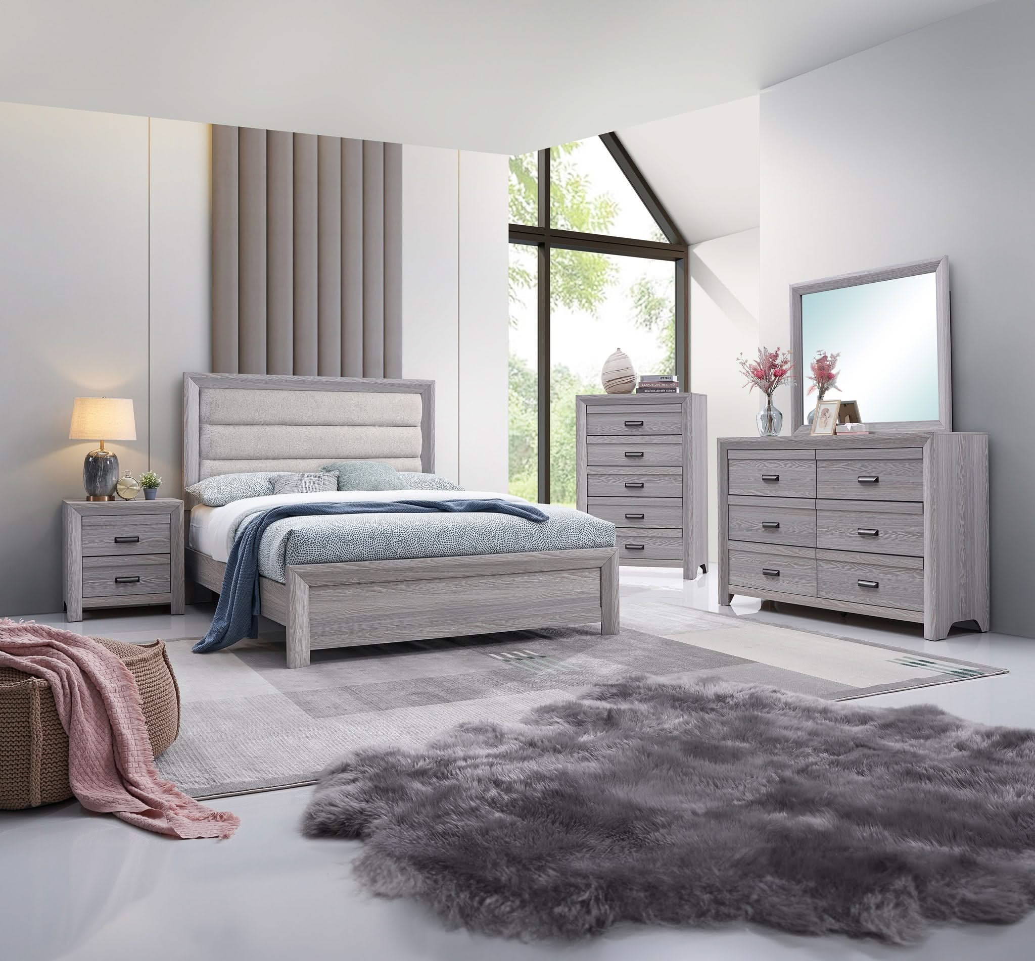 Adelaide - Twin 5 Piece Upholstered Bedroom Set - Drift Wood