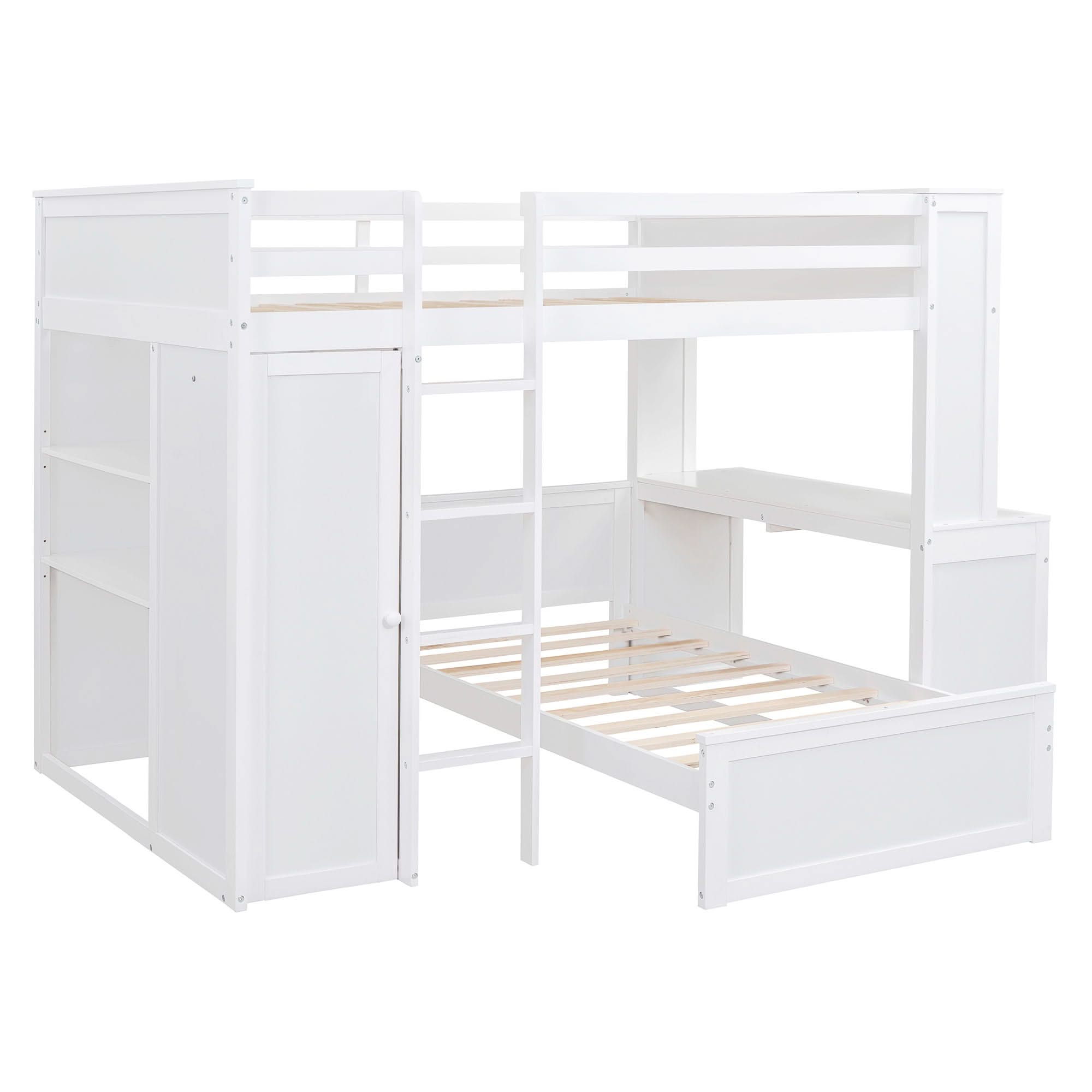Loft Bed With A Twin Size Standalone Bed, Shelves, Desk, And Wardrobe