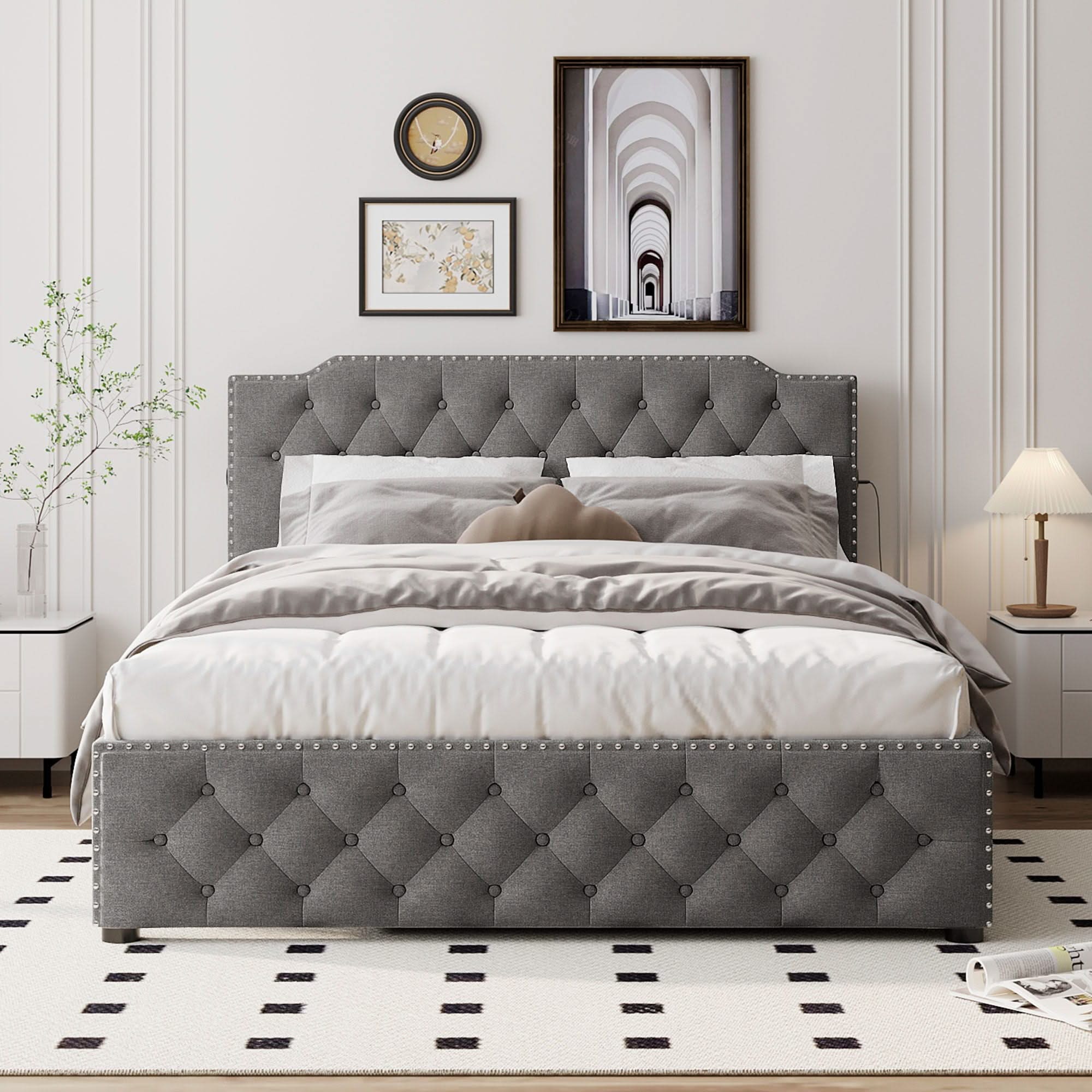 Upholstered Platform Bed With Trundle And 2 Sets Of USB Ports On Each Side, Fabric