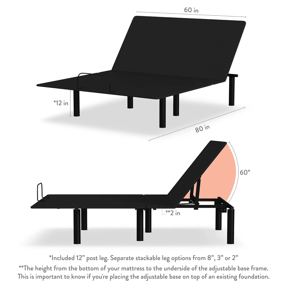 Head Up Adjustable Base with 60-Degree Head Positioning and Wired Remote