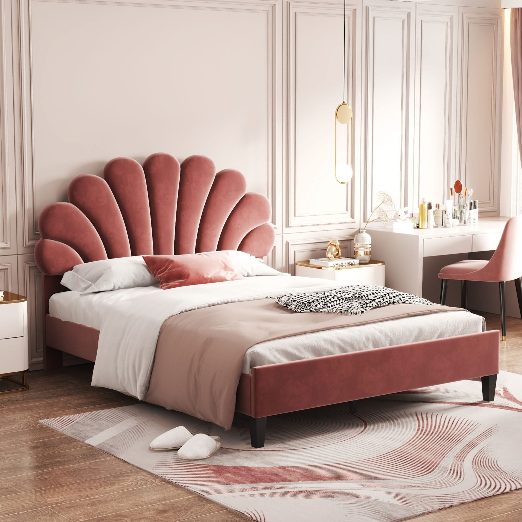 Upholstered Platform Bed With Flower Pattern Headboard