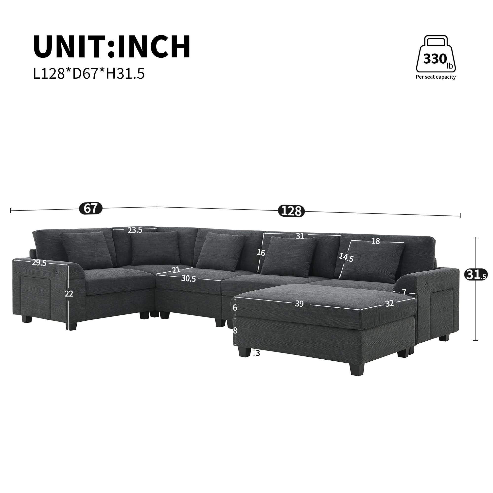 U Shaped Sectional Sofa 6 Seat Couch Set With Oversized Ottoman, Hidden Armrest Storage And Cup Holders USB Charging Ports Wide Seat Sofa
