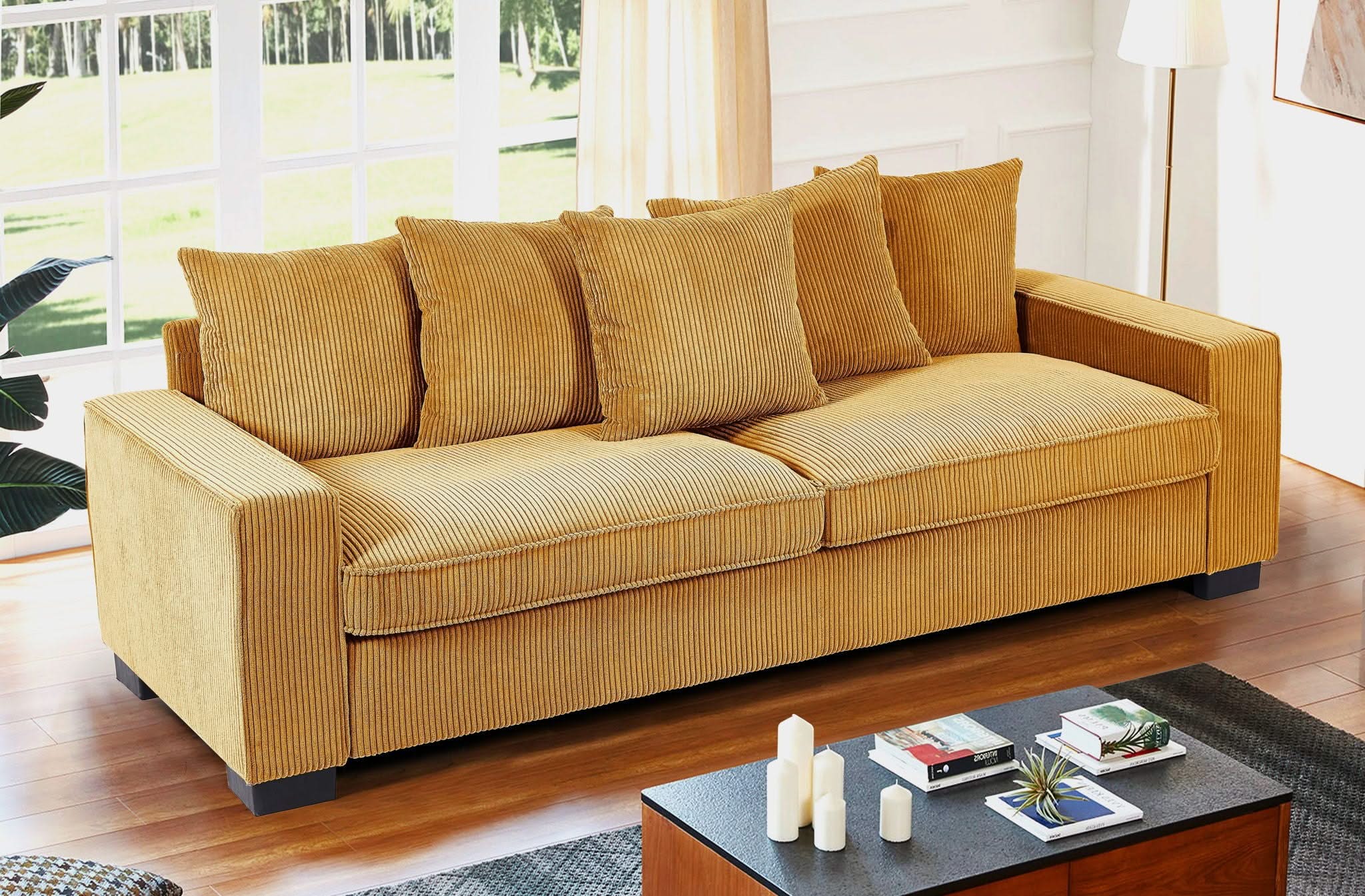 Luxe Sofa With 5 Matching Toss Pillows, Sleek Design, Spacious And Comfortable 3 Seater Couch