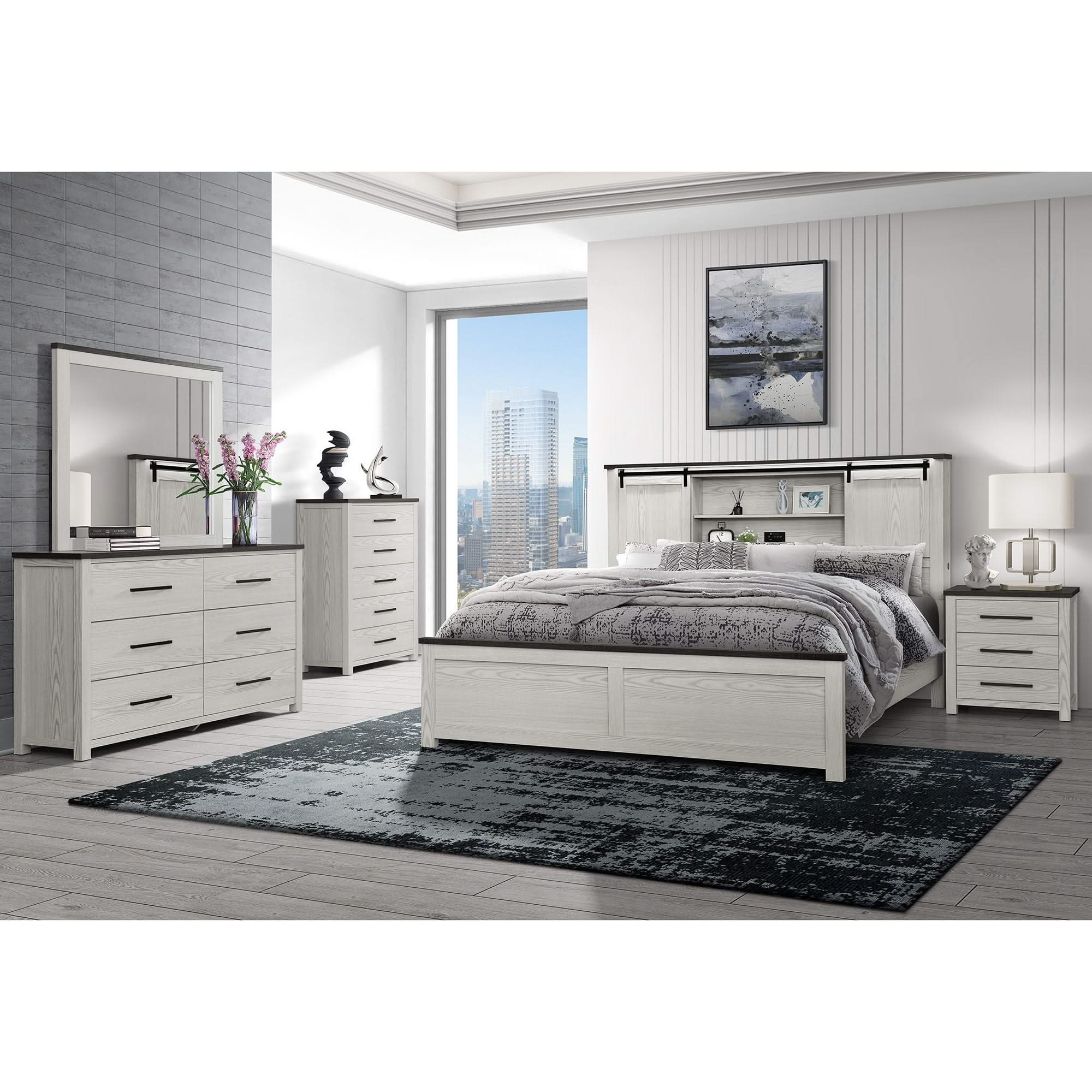 Avery - King Bedroom Set With Bookcase Headboard, Low Profile Bed, Spacious Drawers - Beige
