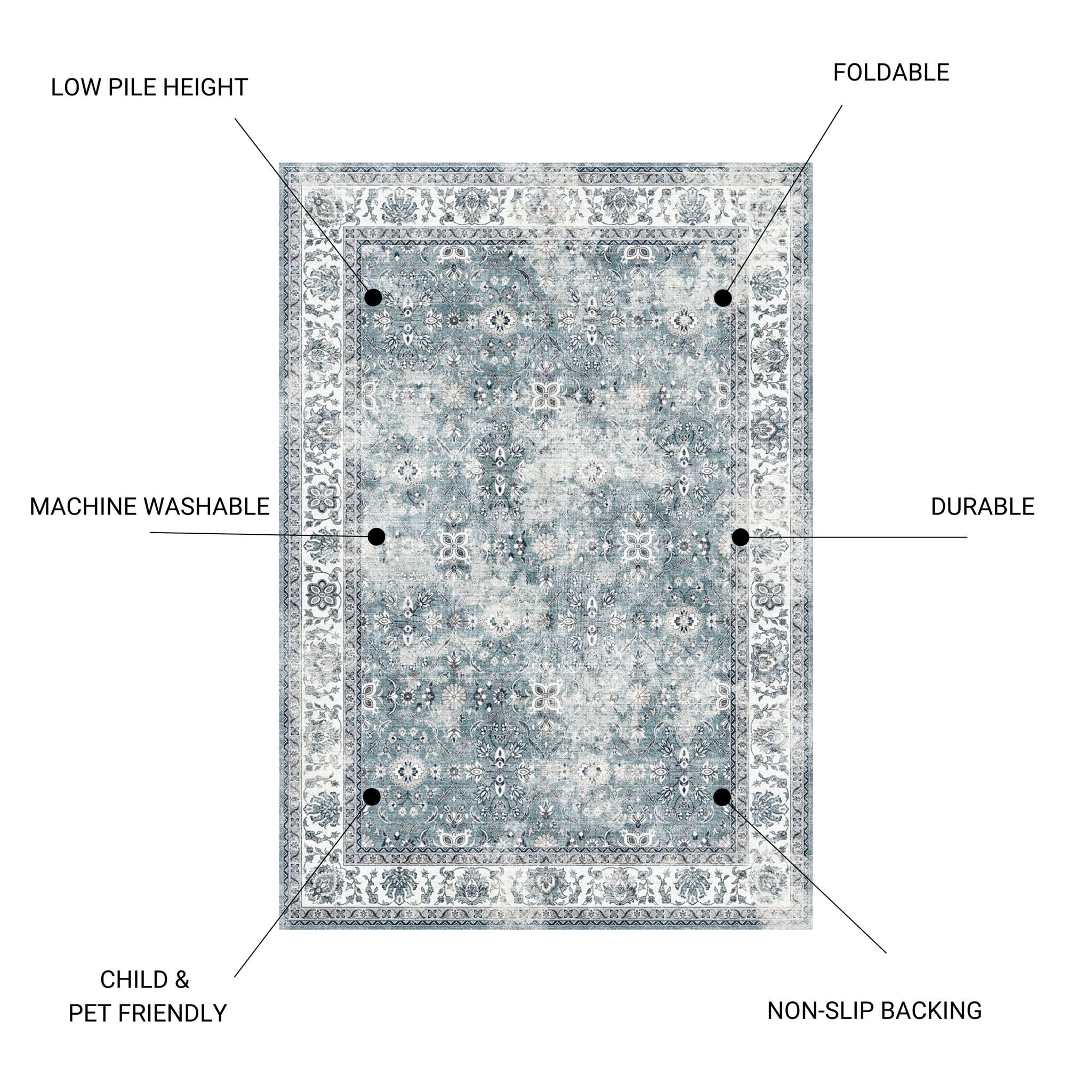 Toucan - 5' X 7' Washable Non - Slip Area Rug, Elegant Design - Silver