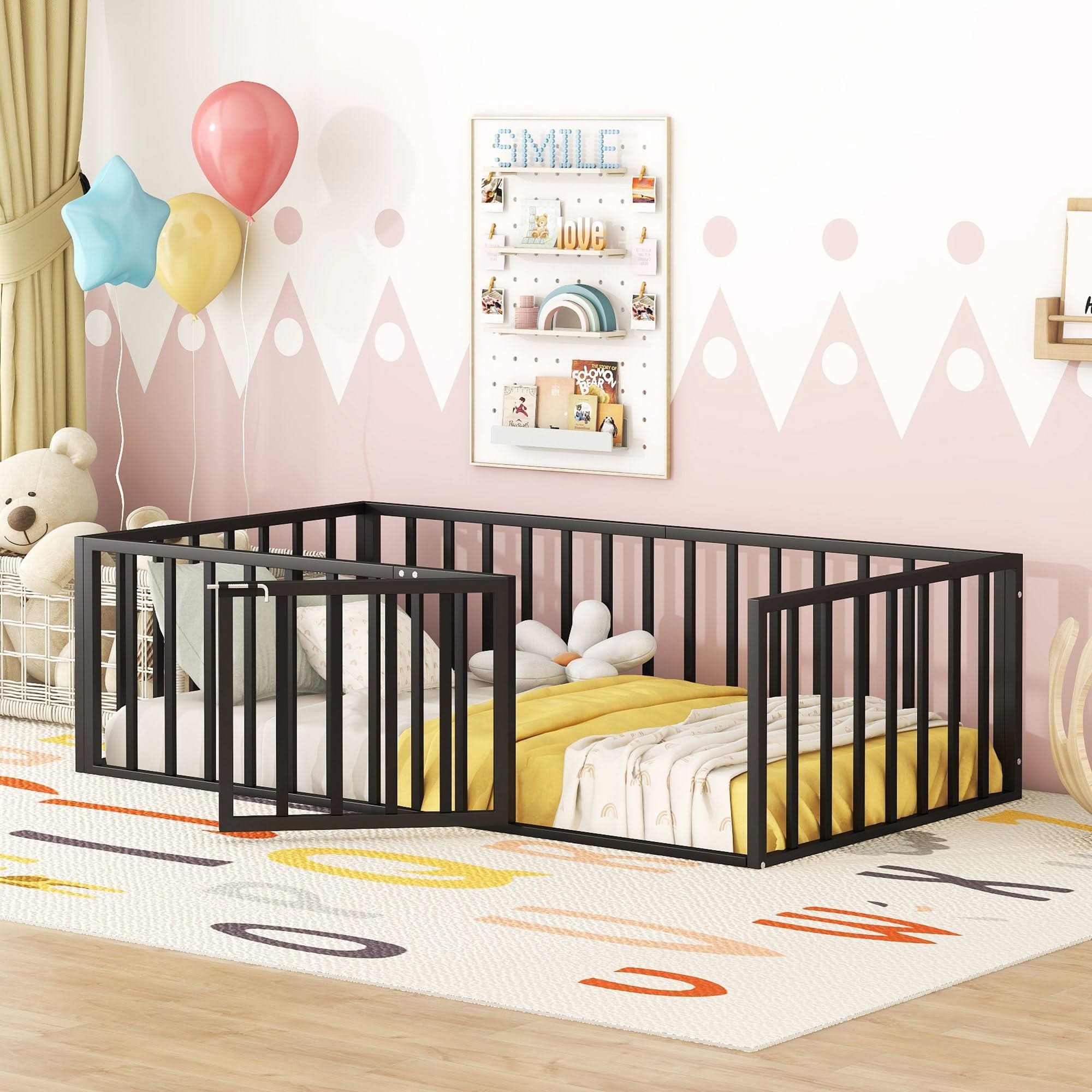Metal Floor Bed Frame With Fence And Door