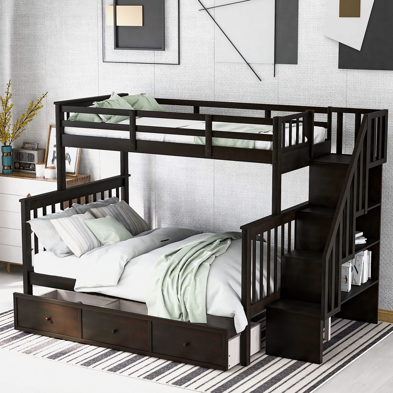 Stairway Bunk Bed With Storage And Guard Rail For Bedroom