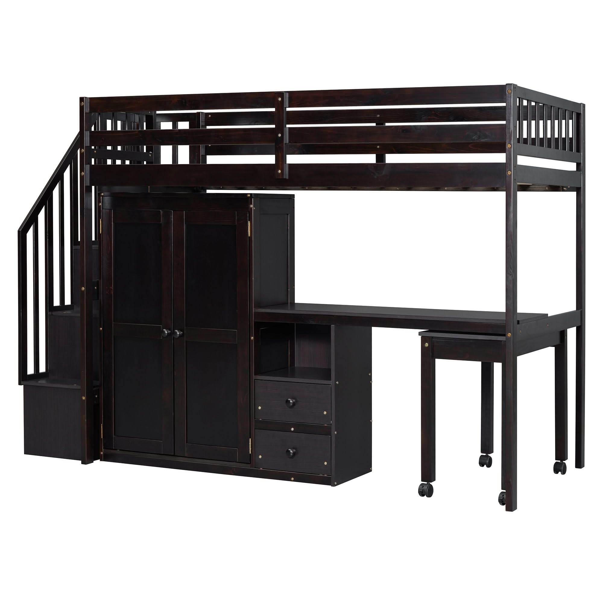 Loft Bed With Stairs, Bookshelf, Drawers, Desk & Wardrobe, Space Saving Multifunctional Furniture