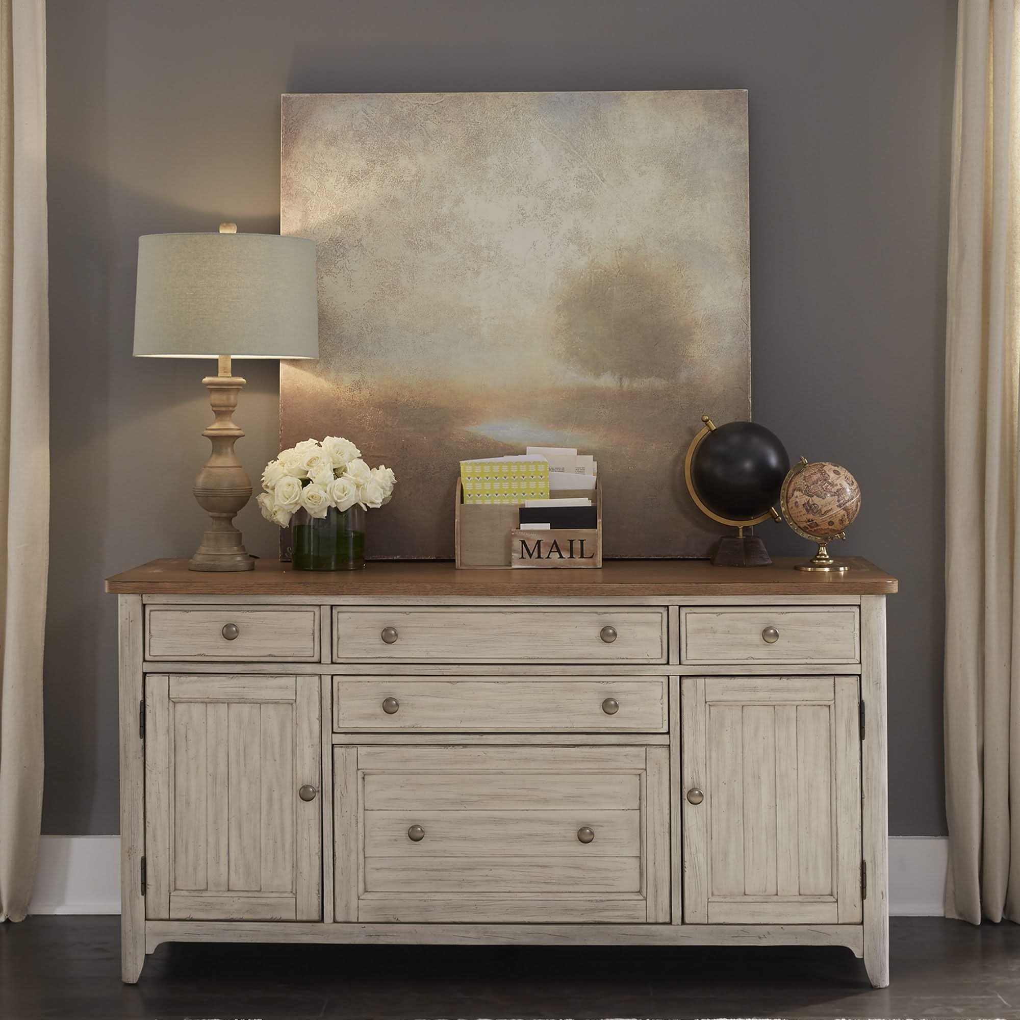 Farmhouse Reimagined - Door Credenza - Antique White / Chestnut Tops