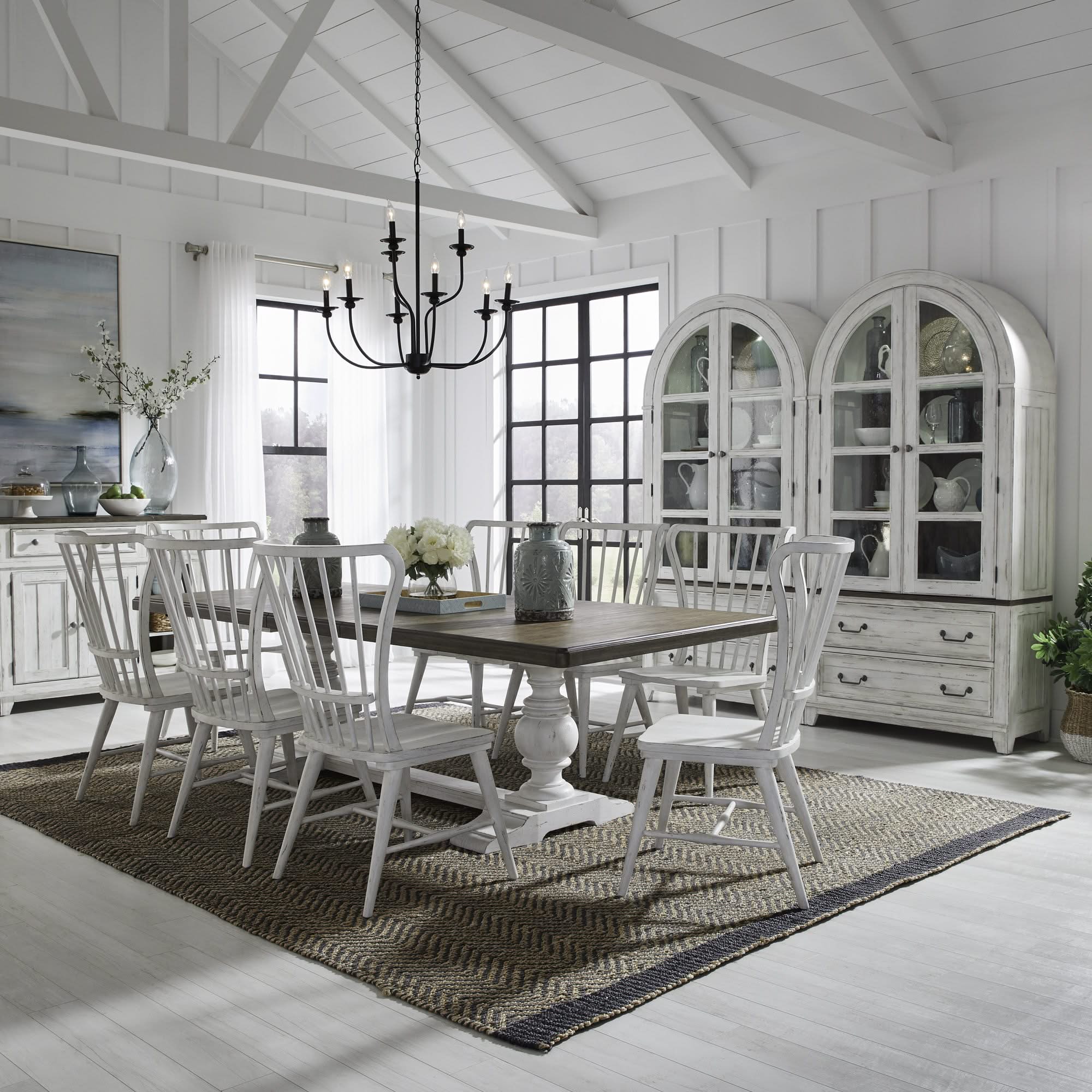 River Place - 9 Piece Trestle Table Set - Riverstone White & Tobacco