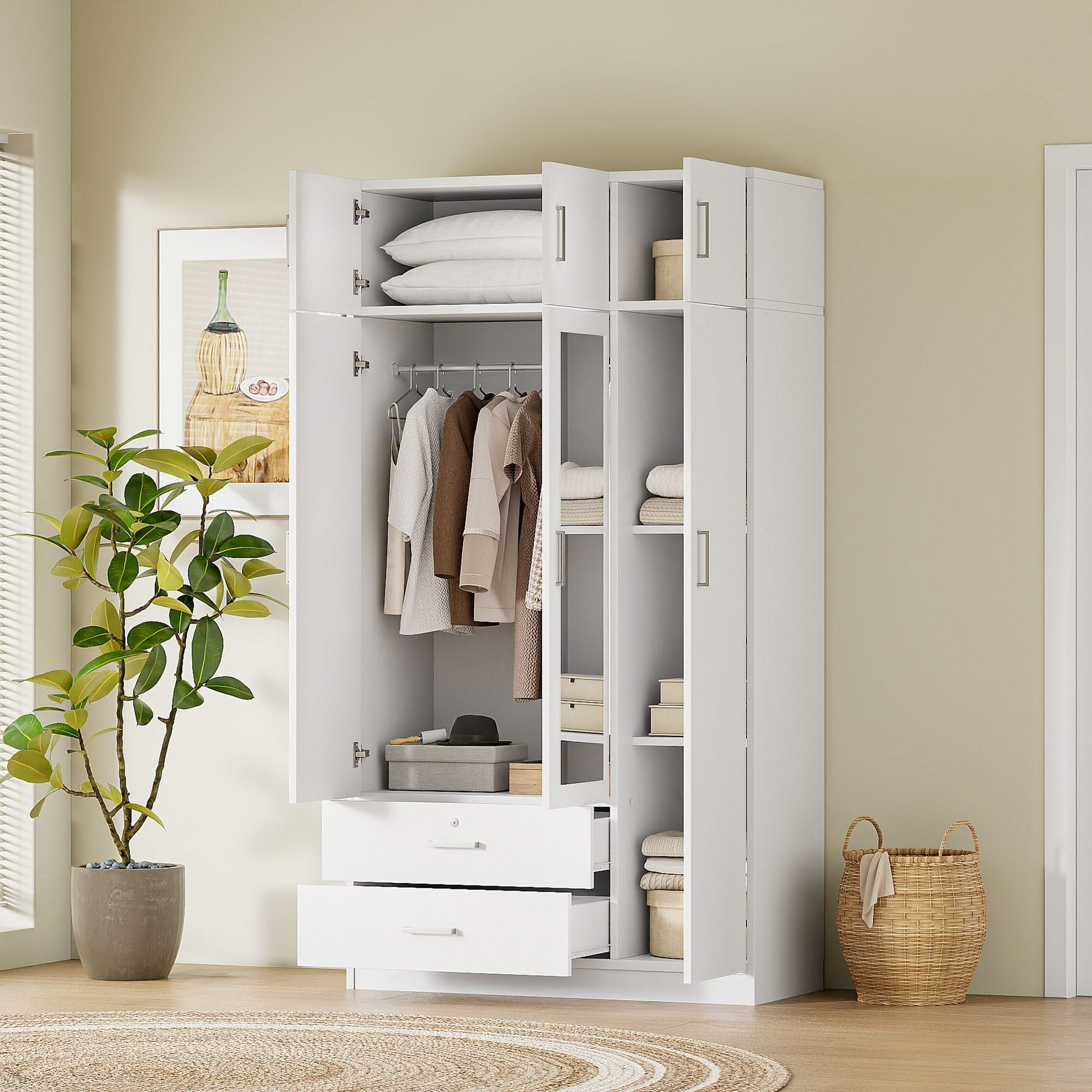 Modern 3 Door Mirror Wardrobe With 2 Drawers And Top Cabinet