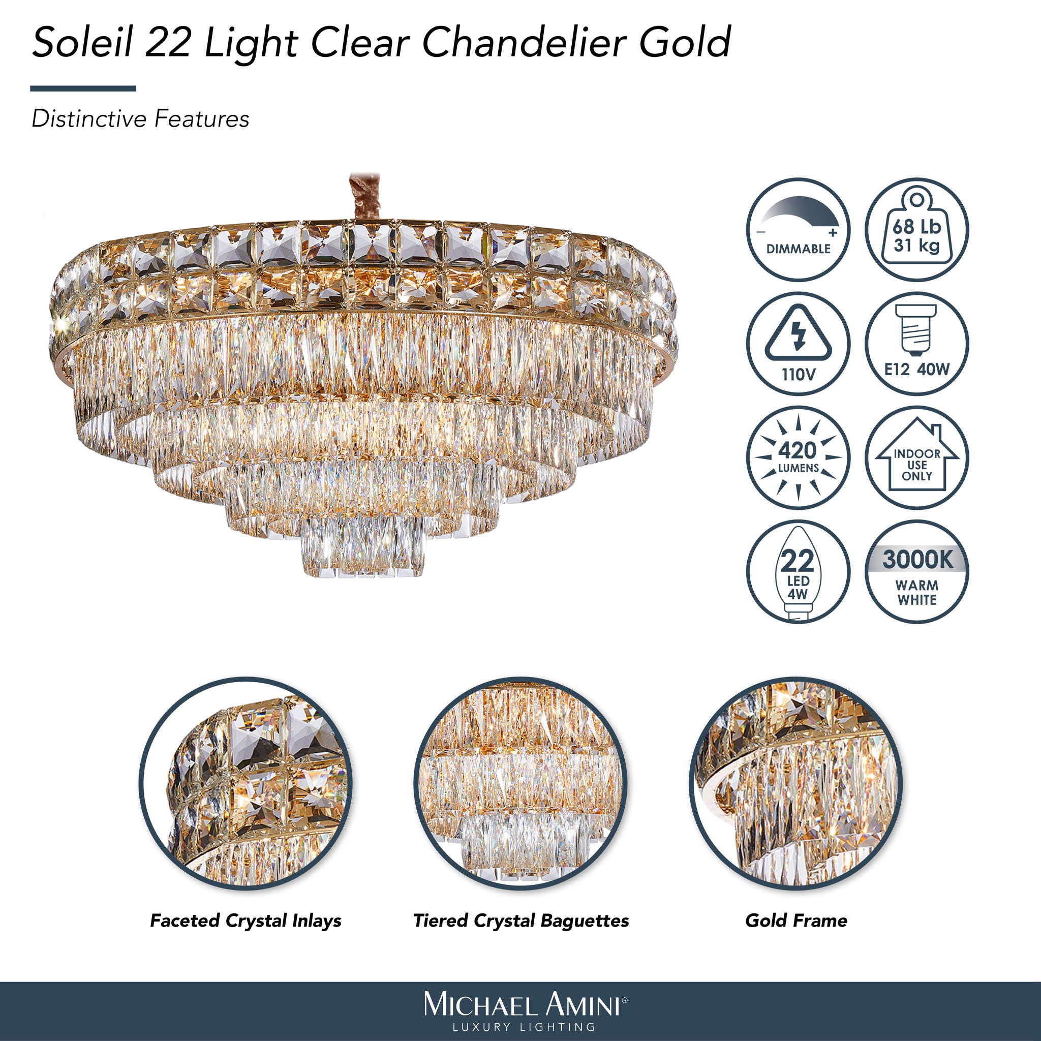 Michael Amini Lighting - Soleil 22-Light Crystal Chandelier - Gold