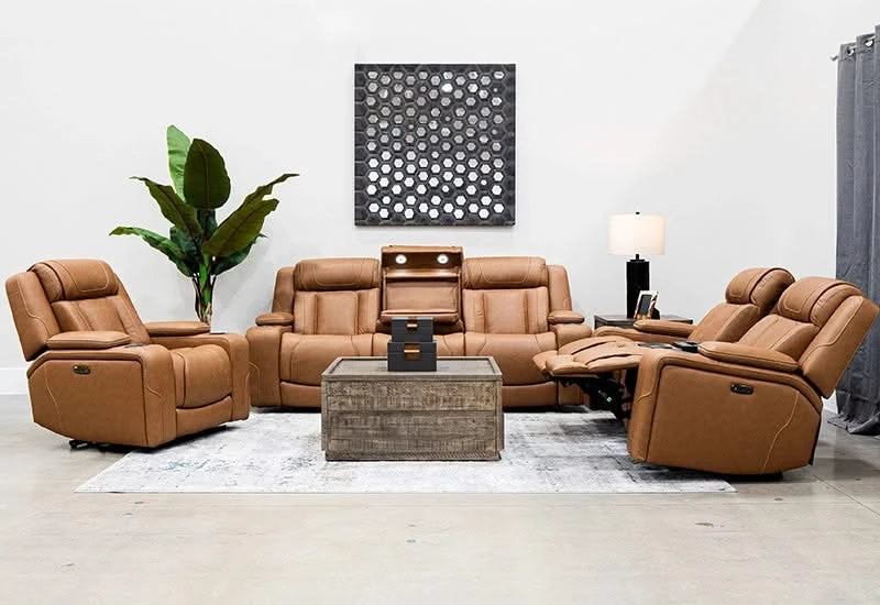 1ST Class Brown Leather Zero Gravity Dual Power Reclining Sofa with Storage Consoles, Center Dropdown Table, and USB Ports