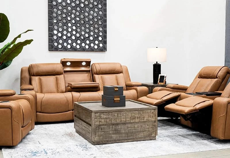 1ST Class Brown Leather Dual Power Reclining Living Room Set Includes Sofa and Loveseat with Storage Consoles, Dropdown Table and Fridge