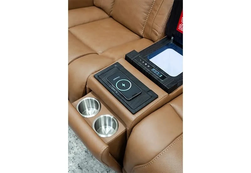 1ST Class Brown Leather Dual Power Reclining Living Room Set Includes Sofa and Loveseat with Storage Consoles, Dropdown Table and Fridge