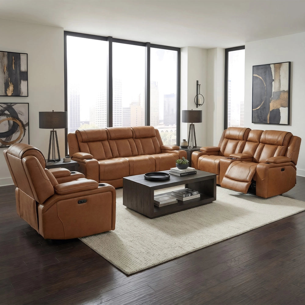 1st Class Brown Leather Dual Power Reclining Sofa & Loveseat with Console Storage, Dropdown Table and Built-In Fridge
