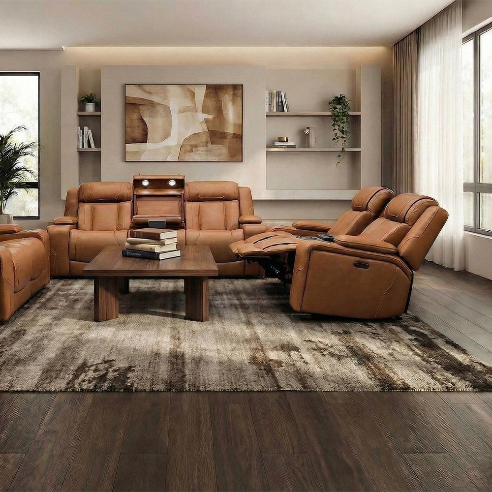 1st Class Brown Leather Dual Power Reclining Sofa & Loveseat with Console Storage, Dropdown Table and Built-In Fridge