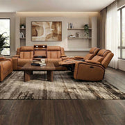1st Class Brown Leather Dual Power Reclining Sofa & Loveseat with Console Storage, Dropdown Table and Built-In Fridge